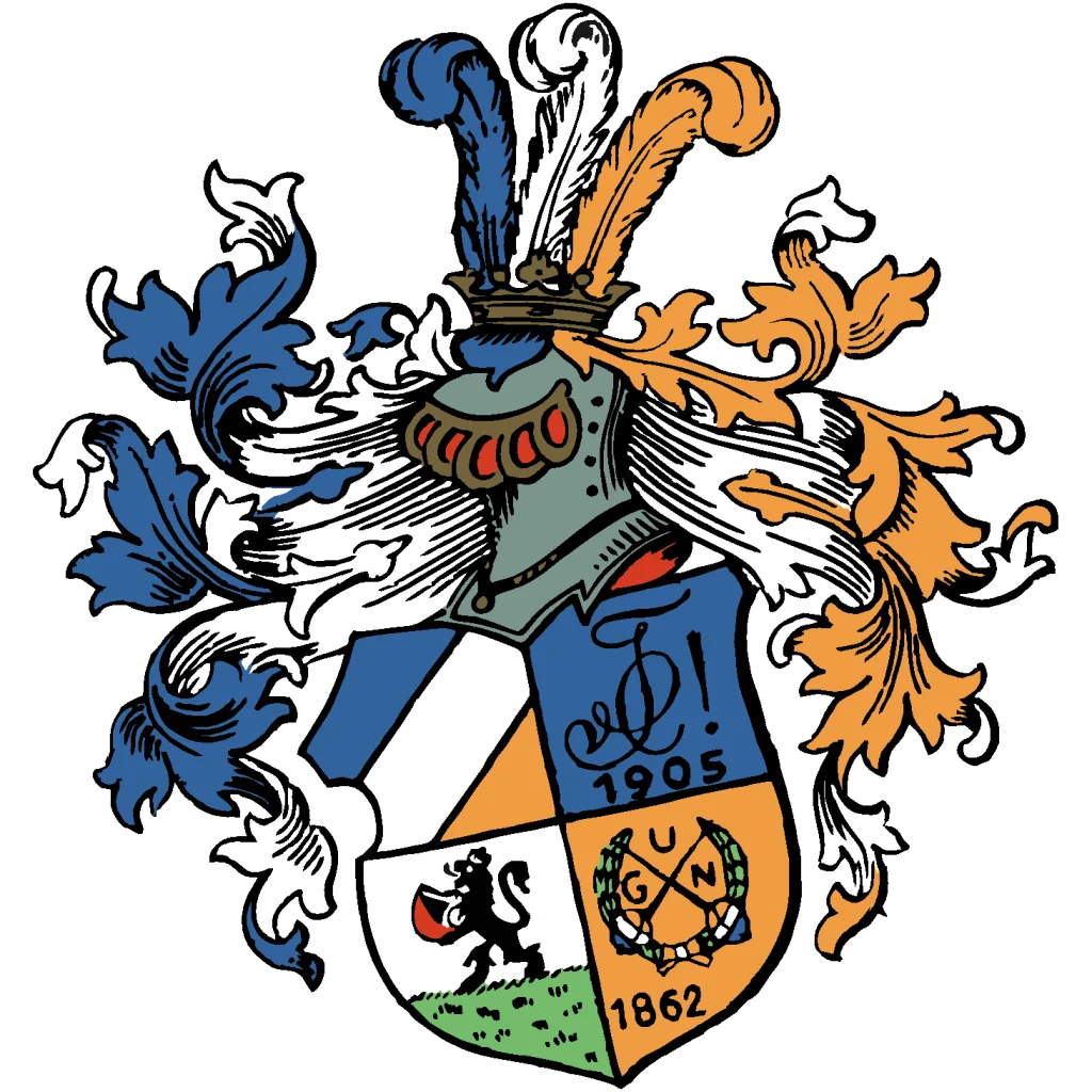 Wappen der L! Suevia Karlsruhe, mit Helm und Federschmuck in Verbindungsfarben